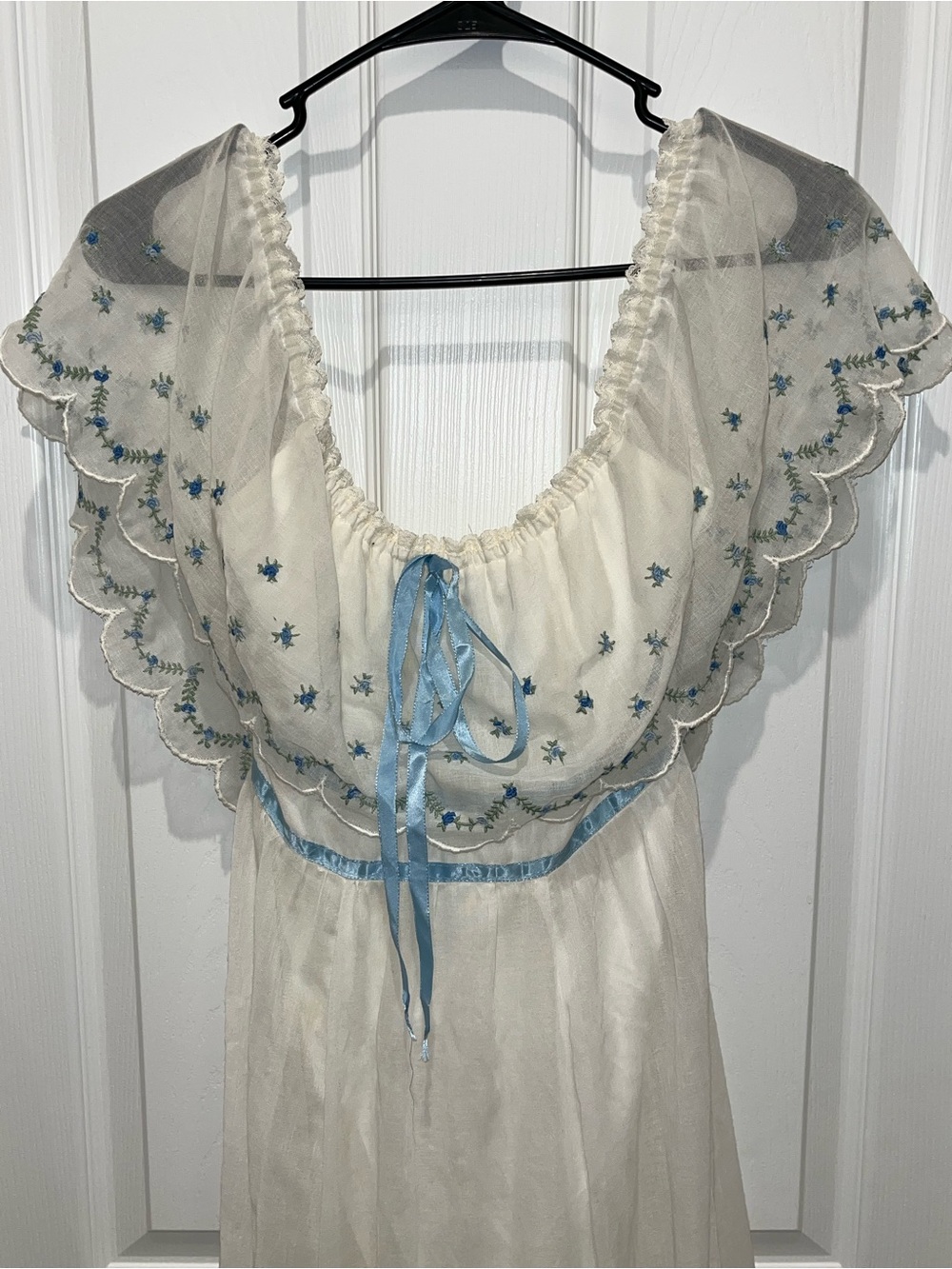 Gunne Sax White Dress with Light Blue Trim and embroidered neckline - Picture 2 of 10